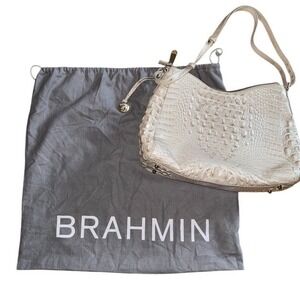 Brahmin Melbourne Hobo Shoulder Bag Purse Ivory Pearl Croc Embossed leather +bag